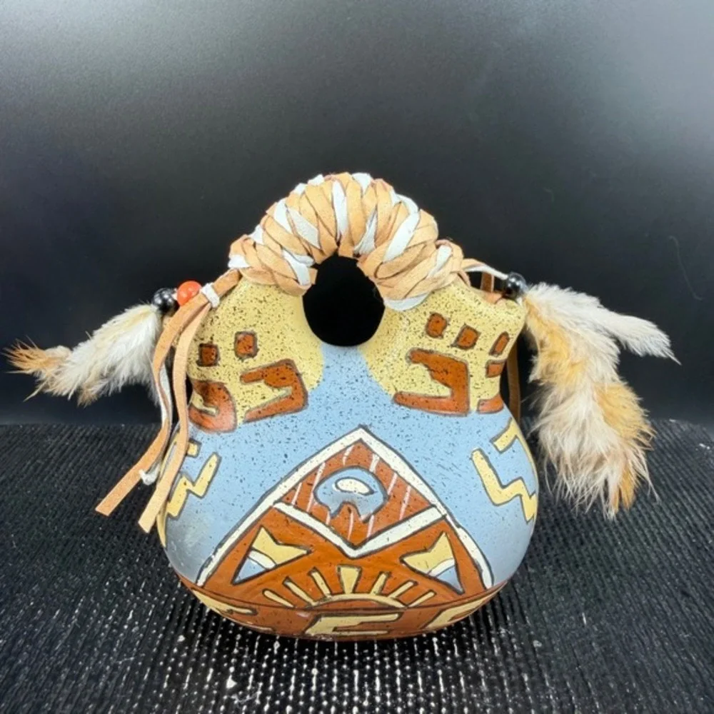 Southwestern Wedding Vase Hand Painted Buffalo Sun Pottery Feather Leather 4inch
